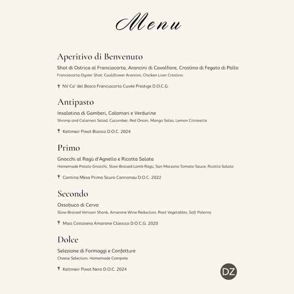 A restaurant menu with Italian dishes and wine pairings, including appetizers, main courses, and dessert.